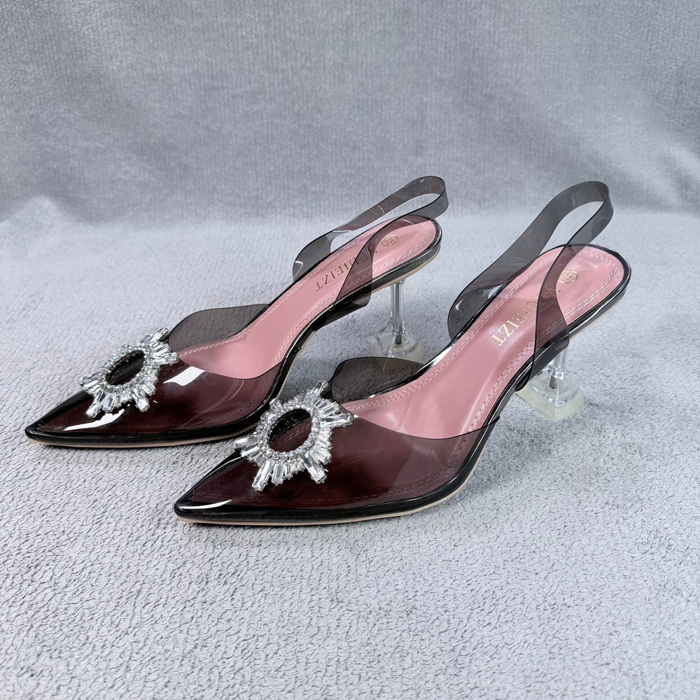 VEUIEIZT Womens 8.5 Smoke PVC Crystal Brooch Spool Heel Slingback Pointed Pumps